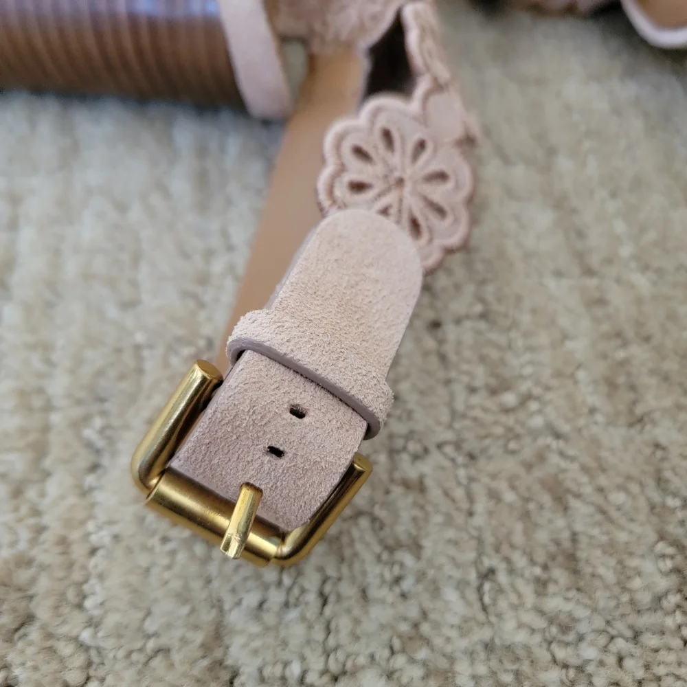 New See By Chloe Laser-Cut Floral Kristy Heeled Sandals in Tan, Size 37